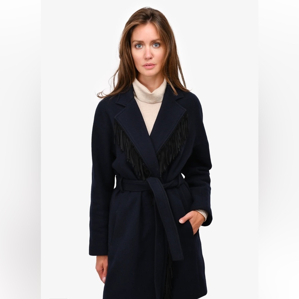 MAJE NAVY BLUE WOOL BLEND FRINGE TRIM WRAP COAT SIZE 2 Medium